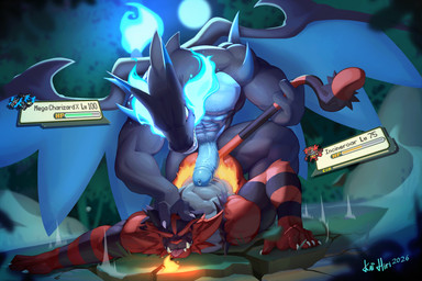 2_horns 3_fingers 5_fingers anthro anthro_on_anthro anthrofied ass_up barazoku bent_over big_muscles big_penis big_wings black_body blue_body blue_fire blue_penis bodily_fluids body_hair breath_powers chest_hair claws colored_fire countershading detailed_background dripping duo elemental_manipulation erection experience_bar eyes_closed fangs feline_tail finger_claws fingers fire fire_breathing fire_manipulation flaming_tail foreskin forest full_moon gameplay_mechanics genital_fluids genitals grey_body grin gui health_bar horn humanoid_genitalia humanoid_penis imminent_anal imminent_sex kneeling level_difference level_number light looking_at_another looking_at_partner looking_down looking_down_at_another looking_down_at_partner male male/male manly markings membrane_(anatomy) membranous_wings moon moonlight multicolored_body muscular muscular_anthro muscular_male muscular_on_muscular night nipples non-mammal_foreskin non-mammal_nipples nude nude_anthro nude_male on_one_knee outdoor_nudity outside pain penis pinned pinned_to_ground plant pokemorph precum precum_drip precum_on_penis pubes red_body red_eyes retracted_foreskin reverse_countershading sharp_teeth size_difference smile sprite striped_markings striped_tail stripes tail tail_markings tail_pull teeth text thick_penis tongue tongue_out toothy_grin toothy_smile tree two_tone_body vein veiny_penis white_sclera wings kai'hiri mythology nintendo pokemon dragon felid generation_6_pokemon generation_7_pokemon incineroar mammal mega_charizard mega_charizard_x mega_evolution mythological_creature mythological_scalie pantherine pokemon_(species) scalie 2026 absurd_res alternate_version_at_paywall colored colored_line_art dated digital_drawing_(artwork) digital_media_(artwork) hi_res shaded species_name
