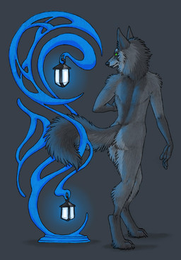 5_fingers anthro art_nouveau biped black_nose claws digitigrade fingers fluffy fluffy_tail fur gloves_(marking) glowing glowing_eyes green_eyes grey_background grey_body grey_fur lamp lantern leg_markings looking_back male markings nude rear_view simple_background socks_(marking) solo standing tail tail_wraps wraps katie_hofgard canid canine mammal detailed full-length_portrait portrait