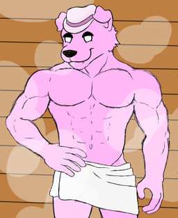 abs anthro barazoku bath bathhouse big_muscles clothed clothing fedora front_view fur hat headgear headwear male male_anthro muscular muscular_anthro muscular_male pecs pink_body solo steam topless topless_anthro topless_male towel towel_only inugami_beast uhyeah canid canine canis domestic_dog mammal 2026 absurd_res digital_media_(artwork) hi_res