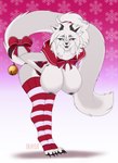 accessory anthro areola bell belt bent_over big_breasts big_tail black_body black_skin blue_eyes bow_ribbon breast_grab breasts candy candy_cane christmas_clothing clothing dessert female food fur hair_accessory hairband hand_on_breast happy heterochromia holidays horn huge_breasts looking_at_viewer nipples pink_eyes pose solo tail white_body white_fur fuzzikayu christmas canid canine canis demon hybrid mammal wolf absurd_res hi_res pinup