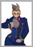 cosplay jojo_pose male pose simple_background solo fastfooddemon jojo's_bizarre_adventure giorno_giovanna wren_(character) avian bird cockatiel cockatoo parakeet parrot true_parrot