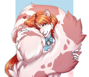anthro bell bell_collar blep blue_nail_polish blue_nails collar colored_nails eyebrow_through_hair eyebrows fur hair heart_symbol long_hair long_tail looking_at_viewer male nails orange_hair piercing pink_body pink_eyes pink_fur solo tail tongue tongue_out tongue_piercing translucent translucent_hair accelo accelo_(character) felid mammal pantherine snow_leopard