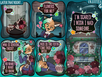 5_panel_comic anthro balcony bottomwear bouquet brick bruised bruised_eye building clothing dipstick_tail eyebrows facial_scar flower flower_bouquet front_door green_hair green_tail_tip grey_inner_ear_fluff hair head_on_table heart_symbol house inner_ear_fluff male markings night pattern_bottomwear pattern_clothing pattern_skirt plant romantic rose_(flower) scar shrub skirt sky solo star starry_sky striped_bottomwear striped_bow_tie striped_clothing striped_skirt stripes tail tail_markings text tired topwear tuft vase welcome_mat fruittea seraph_(fruittea) canid canine fox mammal 2026 absurd_res artist_name colored digital_drawing_(artwork) digital_media_(artwork) english_text hi_res signature