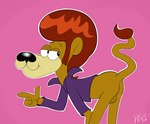 4_fingers anus balls black_nose brown_body butt clothing fingers genitals hair jacket male pink_background simple_background solo topwear kippykat hanna-barbera heyyy_it's_the_king! jellystone_(hbo_max) the_king_(hitk!) felid lion mammal pantherine signature