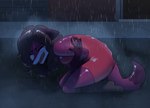 anthro black_hair bodily_fluids boots clothing crying dress female footwear fur hair purple_body purple_fur raining red_clothing red_dress shoes solo street tears artesderatzyu canid canine fox mammal clip_studio_paint_(artwork) digital_media_(artwork) hi_res