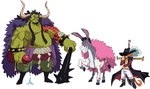 anthro clothing cosplay eyewear feathers feral group headgear headwear horn male quadruped size_difference sunglasses tail trio cyberlord1109 dreamworks mythology one_piece puss_in_boots_(franchise) shrek_(series) donkey_(shrek) donquixote_doflamingo dracule_mihawk kaido_(one_piece) puss_in_boots_(dreamworks) shrek_(character) asinus domestic_cat donkey dragon eastern_dragon equid equine felid feline felis horned_humanoid humanoid mammal mythological_creature mythological_scalie scalie absurd_res hi_res