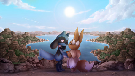 accessory anthro blush bow_(feature) bow_accessory bow_ribbon bow_tie bracelet clothing cloud day detailed_background dress duo eye_contact female feral hair_accessory hair_bow hair_ribbon half-closed_eyes hand_holding holding_paws jewelry lake landscape looking_at_another male male/female narrowed_eyes outside plant ribbons rock smile sun legendkairi nintendo pokemon pokemon_mystery_dungeon spike_chunsoft eevee generation_1_pokemon generation_4_pokemon pokemon_(species) riolu 16:9 4k absurd_res hi_res widescreen