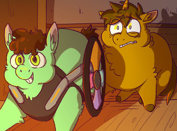 ambiguous_feral ambiguous_gender amputee brown_body brown_fur brown_hair brown_hooves brown_tail clenched_teeth constricted_pupils disability duo feral floor fur green_body green_eyes green_fur grin hair hooves light pupils scared small_pupils smile tail teeth tire wood wood_floor young young_ambiguous young_feral alpama fluffy_pony fluffy_pony_(species) mammal 2023 digital_media_(artwork) hi_res lighting shaded