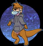 anthro black_nose blue_outline bottomless brown_body brown_fur clothed clothing digitigrade drawstring_hoodie eyewear featureless_crotch feet fish_in_mouth fur glasses grey_clothing grey_hoodie grey_topwear handpaw head_tuft hindpaw hoodie male mouth_hold outline paws solo standing tail topwear tuft wearing_glasses jaspering lontra mammal mustelid north_american_river_otter otter river_otter 2024 digital_drawing_(artwork) digital_media_(artwork) full-length_portrait portrait shaded