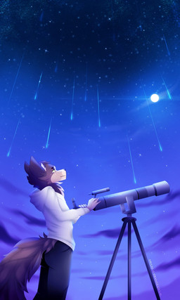anthro brown_body brown_fur brown_tail clothed clothing fur long_tail male moon night solo star tail telescope origami-orange canid canine canis mammal wolf 2020 3:5 hi_res