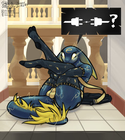 anthro anthrofied bag balcony bent_legs blue_body bottomwear bulge butt classical_architecture clothing detailed_bulge electrical_plug electricity eyelashes femboy fur hotpants innuendo inside knees_pulled_up legs_up legwear lightning_bolt looking_at_viewer male mascot plug poland presenting presenting_hindquarters school shorts sitting solo sparking sparks speech_bubble symbol tail text thick_thighs thigh_highs tile university white_eyes yellow_body yellow_fur yellow_sclera komradjurij warsaw_university_of_technology eelon_(wut) electric_eel fish knifefish marine naked-back_knifefish hi_res