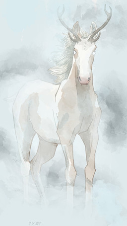 antlers cuneiform_text feral fog horn looking_at_viewer male mane outside quadruped solo standing text white_body white_eyes ribbajack inktober equid equine horse mammal pony radpony artist_name english_description hi_res restricted_palette