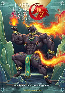 abs anklet anthro biceps big_muscles black_body bottomwear bracelet bulge clothing digitigrade fire flaming_hair flaming_tail hooves huge_muscles hyper hyper_muscles jewelry loincloth male muscular muscular_anthro muscular_male necklace nipple_piercing nipple_ring nipples pecs piercing pseudo_hair red_nipples ring_piercing solo tail text wolfiecanem chinese_zodiac year_of_the_horse equid equine horse mammal 2026 chinese_text dated english_text hi_res signature