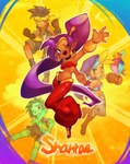 belly_dancer bottomwear butt clothing ear_piercing female gloves group hair handwear humanoid_pointy_ears male midriff one_eye_closed open_mouth open_smile piercing ponytail rear_view shorts smile wink onimiere shantae_(series) wayforward bolo_(shantae) rottytops shantae sky_(shantae) genie human humanoid mammal undead zombie absurd_res hi_res