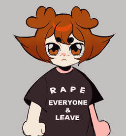 bangs brown_eyes brown_hair chibi circle_eyebrows clothing eyebrows female floppy_ears frown hair looking_at_viewer pale_skin rape_mention shirt solo t-shirt text text_on_clothing text_on_shirt text_on_topwear threatening toony topwear randomartist animal_humanoid canid canid_humanoid canine canine_humanoid dog_humanoid humanoid mammal mammal_humanoid english_text