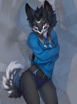 anthro biped claws clothed clothed_anthro clothed_female clothing female fingers front_view fur hair looking_at_viewer panties pantsless pantsless_anthro pantsless_female partially_clothed partially_clothed_anthro partially_clothed_female solo standing tail tongue tongue_out topwear underwear yshanii canid canine mammal 2026 digital_drawing_(artwork) digital_media_(artwork) hi_res