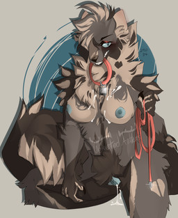 anthro blue_eyes bodily_fluids breasts brown_body brown_fur collar cum cum_drip dripping female fur genital_fluids genitals leash lock nipples padlocked_collar solo teeth vulva velveted_antlers ellis_(velveted_antlers) gulonine mammal marten mustelid musteline absurd_res hi_res