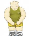 anthro belly blush bottomwear bulge clothing embarrassed fur genitals male moobs navel nipples overweight overweight_anthro overweight_male penis shirt shorts simple_background solo topwear white_background white_body white_fur neiiio bear mammal 2019 hi_res