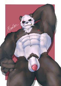 abs anthro balls big_muscles black_sclera border cigarette circumcised claws flaccid fur genitals hand_behind_head humanoid_genitalia humanoid_penis looking_at_viewer low-angle_view male muscular muscular_anthro muscular_male navel nipples nude obliques pecs penis pubes red_background scar simple_background smile smoking solo teeth tuft white_border indy_newton2305 beastars gouhin_(beastars) bear giant_panda mammal 2021 absurd_res hi_res signature