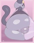 4_fingers anthro balls big_balls big_butt black_clothing blonde_hair bodily_fluids bottomless bottomless_anthro bottomless_male bottomwear butt butt_focus clothed clothing clothing_lift erection femboy fingers fur genital_raphe genitals glistening glistening_balls glistening_body glistening_butt glistening_eyes glistening_genitalia glistening_perineum glistening_skin gloves_(marking) green_eyes grey_balls grey_body grey_fur grey_perineum grey_tail hair huge_butt huge_thighs humanoid_genitalia long_tail looking_aside looking_at_viewer maid_uniform male markings multicolored_body multicolored_clothing multicolored_fur narrowed_eyes nude open_mouth perineal_raphe perineum presenting presenting_balls presenting_hindquarters pupils purple_back purple_background raphe_(anatomy) rear_view simple_background sitting skirt skirt_lift smile solo tail text thick_thighs two_tone_body two_tone_clothing two_tone_fur uniform white_clothing white_sclera wide_hips frumples animal_crossing nintendo raymond_(animal_crossing) domestic_cat felid feline felis mammal 2025 artist_name colored dated digital_media_(artwork) english_text hi_res shaded signature