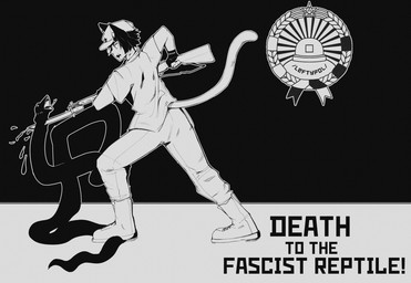 ambiguous_gender bayonet black_background blood bodily_fluids boots bottomwear clothed clothing communism duo eyebrows feral fingerless_gloves fingers footwear fully_clothed gloves gun hair handwear hat headgear headwear holding_gun holding_object holding_ranged_weapon holding_rifle holding_weapon inner_ear_fluff killing knife open_mouth outline pants politics propaganda ranged_weapon rifle shirt shoes short_hair side_view simple_background stab standing tail text topwear tuft weapon white_outline unknown_artist leftypol political_ideology_catgirls alunya animal_humanoid cat_humanoid felid felid_humanoid feline feline_humanoid humanoid mammal mammal_humanoid reptile scalie snake black_and_white digital_media_(artwork) english_text monochrome redraw female_(lore)