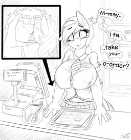 anthro anthrofied big_breasts blush bodily_fluids breasts clitoral_hood clitoris clothed clothing cunnilingus cutaway duo female fully_clothed genital_fluids genitals heart_symbol horn inside looking_at_viewer male male/female navel nipple_outline open_mouth oral panties panties_down partially_clothed public restaurant sex smile standing stealth_sex sweat teeth text tongue tongue_out under_table underwear underwear_down vaginal vaginal_fluids vulva replica_(artist) hasbro my_little_pony fan_character reppy_(replica) earth_pony equid equine horse mammal pony absurd_res black_and_white english_text hi_res monochrome