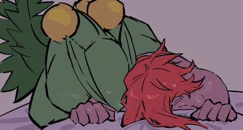 anthro bed bodily_fluids duo from_behind_position furniture grabbing_sheets hair human_on_anthro interspecies long_hair male male/male on_bed on_top on_top_of_another sex sweat laiweitui nintendo pokemon a_mu_(laiweitui) fang_yuan_(laiweitui) pokemon_trainer generation_3_pokemon human mammal pokemon_(species) reptile scalie sceptile hi_res