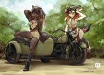 anthro army barefoot boots breasts brown_body brown_eyes brown_fur cleavage clothed clothing duo feet female footwear fur hair heart_symbol high_heeled_boots high_heels hooves horn motorcycle outside shoes vehicle world_war_2 dragonfu wyla_(character) zahra_(airheart) antelope bovid canid canine canis gazelle mammal wolf 2020 absurd_res digital_media_(artwork) hi_res shaded