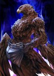 accipitrid accipitriform anthro armor avian beak bird black_background blue_aura breastplate brown_body chest_tuft devilfish_(artist) elden_ring elden_ring_nightreign feathers fromsoftware guardian_(nightreign) hi_res male serious_face simple_background solo talon_hands tuft wings