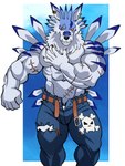 5_fingers abs anthro belt biceps biped blue_body bottomwear claws clothed clothing ear_piercing ear_ring fingers male muscular muscular_anthro muscular_male pants pecs piercing ring_piercing scar skull_and_crossbones skull_print solo topless topless_anthro topless_male white_body yellow_eyes darknaigart bandai_namco digimon canid canine digimon_(species) mammal weregarurumon 2025 absurd_res hi_res
