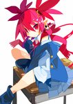 clothed clothing ear_piercing female hair humanoid_pointy_ears legwear looking_at_viewer membrane_(anatomy) membranous_wings not_furry piercing pointy_ears red_eyes red_hair simple_background sitting smile solo spade_tail tail white_background wings miyakawa106 disgaea nippon_ichi_software etna_(disgaea) demon humanoid mammal hi_res