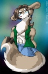 abstract_background anthro brown_eyes brown_hair clothed clothing eyewear fluffy fluffy_tail front_view fur glasses hair holding_tail long_tail looking_at_viewer male open_clothing pink_nose ponytail pose solo tail tan_body tan_fur topwear vest white_body white_fur amber_williams deer mammal 2002