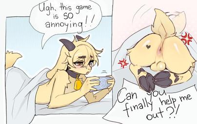 2_horns 2_panel_comic 5_fingers anthro anus backsack balls bed bed_sheet bedding bell bell_collar blanket blue_background blush blush_lines border butt collar collar_only cross-popping_vein dialogue dotted_background femboy fingers floppy_ears fur furniture gaming genitals handheld_console heart_(marking) heart_symbol heterochromia holding_object hooves horn long_ears lying male markings nude nude_anthro nude_male on_bed on_front open_mouth pattern_background pink_background scut_tail short_tail simple_background solo speech_bubble tail tail_motion tailwag tan_body tan_fur text under_covers white_border mikosi bovid caprine goat mammal 2025 comic english_text hi_res