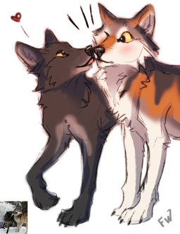 black_body black_fur comparison feral fur heart_symbol paws photo simple_background smile white_background white_body white_fur yellow_eyes flashw canid canine canis mammal wolf 2022 digital_drawing_(artwork) digital_media_(artwork)