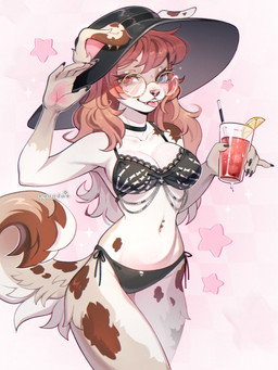 5_fingers anthro bangs bikini blue_eyes breasts brown_eyes choker claws clothing cocktail_glass collarbone container cup drinking_glass ear_piercing eyelashes eyewear female fingers floppy_ears fur glass glass_container glass_cup glasses hair hat headgear headwear heterochromia holding_cocktail jewelry long_hair medium_breasts multicolored_body multicolored_fur navel navel_piercing necklace piercing round_glasses solo swimwear tail teeth tongue tongue_out two-piece_swimsuit wearing_glasses cepto_(artist) jazzy_(jellyjaz) canid canine canis domestic_dog mammal 2025 3:4 colored digital_drawing_(artwork) digital_media_(artwork) hi_res shaded