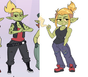 black_clothing black_shirt black_topwear blonde_hair breasts cigarette clothing ear_piercing ear_ring female female_humanoid footwear green_body green_skin grin hair half-closed_eyes holding_cigarette holding_object humanoid_pointy_ears imminent_sex medium_breasts medium_hair muscular muscular_female muscular_humanoid narrowed_eyes piercing pointy_ears red_clothing red_footwear red_shirt red_topwear ring_piercing shirt smile smoking solo_focus standing tear_trough topwear 20pesos_sopa liz_(20pesos_sopa) goblin humanoid absurd_res hi_res