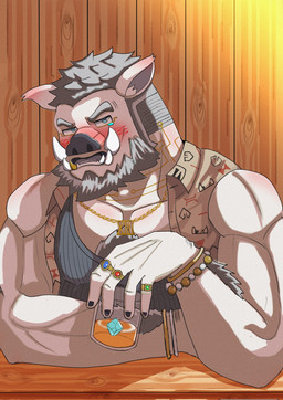 alcohol anthro arm_hair beverage blush body_hair bracelet chest_hair chest_tuft clothing drunk jewelry male male_anthro muscular muscular_anthro muscular_male necklace ring_(jewelry) roman_numeral solo substance_intoxication tuft garu0513 lifewonders tokyo_afterschool_summoners y'golonac_(tas) mammal suid suine sus_(pig) wild_boar hi_res