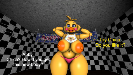 anthro beak clothed clothing detailed_background dialogue duo exposure_to_minor female hands_behind_head looking_at_viewer offscreen_character panties panties_only solo text topless underwear underwear_only yellow_body furrypornenjoyer mipsmiyu_(modeler) five_nights_at_freddy's five_nights_at_freddy's_2 scottgames abby_schmidt runaboo_chica toy_chica_(fnaf) avian bird chicken galliform human mammal phasianid 16:9 3d_(artwork) digital_media_(artwork) english_text source_filmmaker_(artwork) widescreen