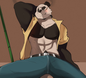 anthro bamboo biped black_body black_fur bodily_fluids cigarette clothed clothing fur male multicolored_body multicolored_fur muscular muscular_anthro muscular_arms muscular_male nipples pose scar simple_background sitting smoke smoking solo sweat two_tone_body two_tone_fur white_body white_fur rygel_spkb beastars gouhin_(beastars) bear giant_panda mammal hi_res