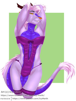anthro belly brown_horn clothing femboy hair horn lingerie male orange_nose pink_hair pose purple_belly purple_body solo text whiskers icy-marth mythology dragon eastern_dragon mythological_creature mythological_scalie scalie 3:4 hi_res pinup url