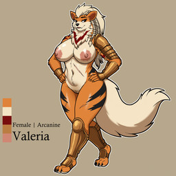 4_toes 5_fingers abdominal_scar anthro areola armor big_breasts black_nose bracers breasts claws color_swatch fangs feet female female_anthro finger_claws fingers fur genitals gladiator hair hindpaw humanoid_hands leg_guards mature_anthro mature_female multicolored_body multicolored_fur navel nipples nude nude_anthro nude_female orange_body orange_fur paws pokemorph scar solo standing striped_body striped_fur stripes tail tan_body tan_fur tan_hair teeth text toe_claws toes two_tone_body two_tone_fur vulva warrior ziyuer nintendo pokemon valeria_(bisonbull92) arcanine generation_1_pokemon pokemon_(species) 1:1 character_name english_text hi_res model_sheet