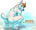 all_fours anthro anus backsack balls butt crouching fur genitals hair looking_at_viewer looking_back looking_back_at_viewer male nude orange_eyes orange_hair perineum rear_view simple_background smile solo tail text white_body white_fur franklyfurry ych_(character) canid canine canis domestic_dog mammal 2024 hi_res url