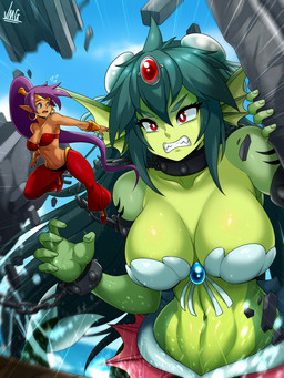 angry belly_dancer blue_eyes breasts chain clenched_teeth clothed clothing cloud day destruction duo ear_piercing ear_ring female green_hair hair humanoid_pointy_ears larger_female long_hair macro partially_submerged piercing pointy_ears ponytail purple_hair red_eyes ring_piercing size_difference smaller_female split_form teeth water jmg shantae:_half-genie_hero shantae_(series) wayforward giga_mermaid shantae aquatic genie humanoid merfolk 2020 3:4 absurd_res hi_res signature