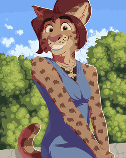 anthro beehive_(hairstyle) blue_clothing blue_dress blue_lipstick breasts brown_body brown_eyes brown_fur clothed clothing cloud countershade_fur countershade_tail countershading detailed_background dress eyebrows female female_anthro fully_clothed fur hair jewelry lipstick looking_at_viewer makeup markings necklace outside pink_nose plant red_hair sitting sky sleeveless_dress smile solo spots spotted_arms spotted_body spotted_fur striped_ears striped_markings striped_tail stripes tail tail_markings conditional_dnp tangerine_(artist) gina_di_roberti bobcat felid feline lynx mammal 2025 4:5 digital_drawing_(artwork) digital_media_(artwork) half-length_portrait hi_res portrait trans_(lore) trans_woman_(lore)