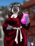 anthro black_hair blurred_background breasts clothing dress female hair holding_object holding_potion looking_at_viewer open_mouth orange_eyes potion red_clothing red_dress smile solo tail halcy0n avian 2023 3:4 hi_res