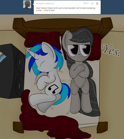 bed bird's-eye_view black_hair cutie_mark duo eyes_closed female feral furniture hair high-angle_view horn innuendo long_hair multicolored_hair purple_eyes sleeping speaker tail two_tone_hair abaddon41 friendship_is_magic hasbro my_little_pony mythology tumblr octavia_(mlp) vinyl_scratch_(mlp) earth_pony equid equine horse mammal mythological_creature mythological_equine pony unicorn animated digital_media_(artwork)