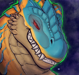 ambiguous_gender fangs feral galaxy growth_lines intergalactic_macro looking_down macro red_eyes solo space teeth terra_macro toothy_grin aeronus capcom monster_hunter grev_(greviste) flying_wyvern tigrex