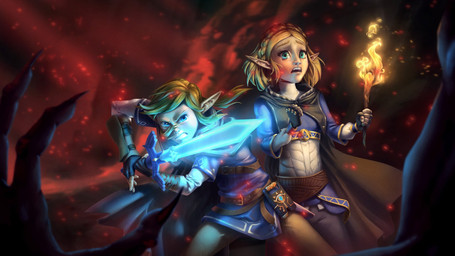 arm_pads armor belt blonde_hair blue_eyes bottomwear braided_hair cape clenched_teeth cloak clothing detailed_background duo female fingerless_gloves gloves glowing_weapon hair handwear holding_object holding_torch holding_weapon humanoid_pointy_ears light_body light_skin long_sleeve_shirt looking_at_viewer male master_sword melee_weapon offscreen_character open_mouth pants pointy_ears scared sheikah_slate shirt sword tablet_computer teeth topwear torch weapon ruffu nintendo the_legend_of_zelda link princess_zelda humanoid hylian digital_drawing_(artwork) digital_media_(artwork) hi_res