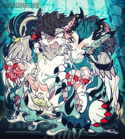 anthro bite bodily_fluids cum duo feathers genital_fluids genitals male male/male messy penis shoulder_bite gracieamai canid canine canis domestic_dog mammal wolf
