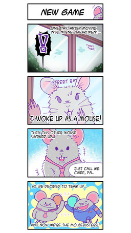 accessory biped chibi duo exclamation_point eyes_closed fur grey_body grey_fur necktie open_mouth pink_nose surprised text unknown_artist mousebusters odencat mammal mouse murid murine rodent 2026 comic english_text hi_res official_art